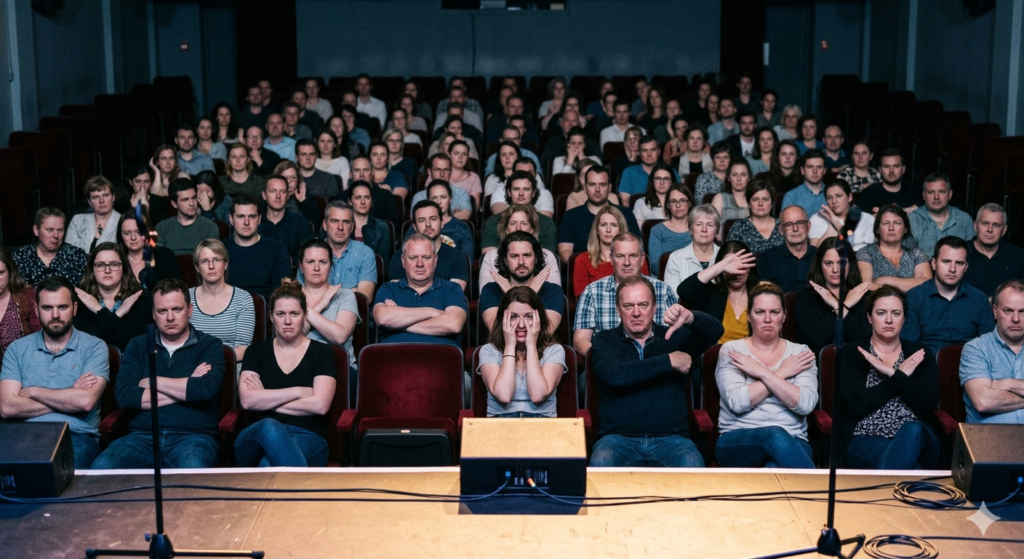 A disapproving audience looks at a small performance stage. A disapproving crowd looks at a small performance stage.