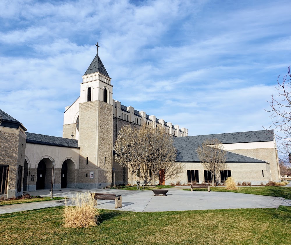 An exterior view of the back area of St. Mark's Catholic church in Boise, Idaho. Rear exterior view of St. Mark's Catholic church in Boise, Idaho.