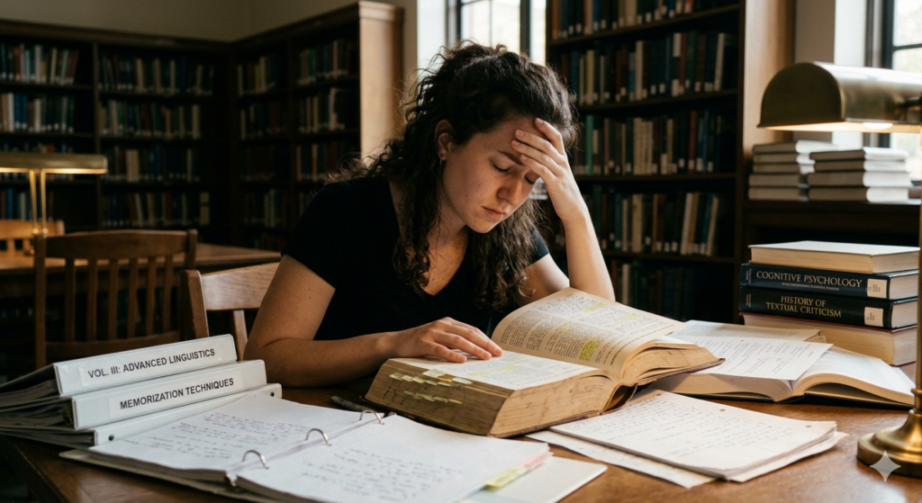 A woman studies a large book, at a desk in a room with lots of books, and notebooks and binders. A woman studies a large book, deep in concentration, in a room with many books and notebooks and binders.