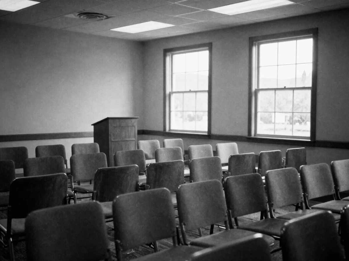 Black-and-white editorial documentary photograph of a simple room